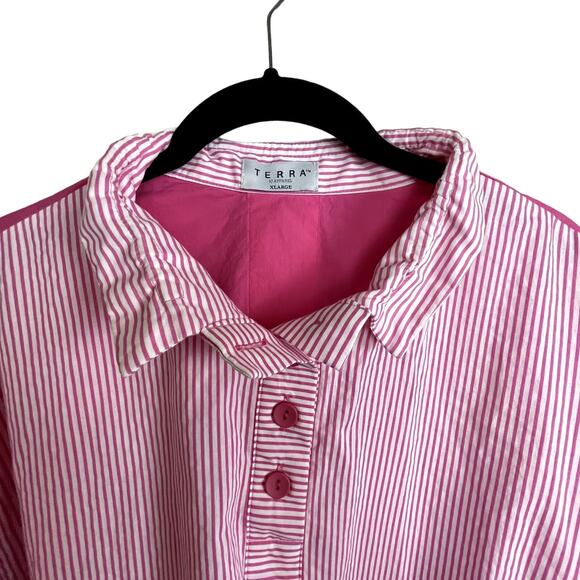 Terra SJ Apparel Top Women's XL Pink White Contrast Tunic Wire Collar Button Up - Picture 2 of 7